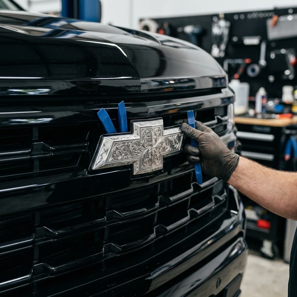 Step-by-step guide on removing a factory Chevrolet bowtie and installing a custom engraved emblem on a Silverado grille.