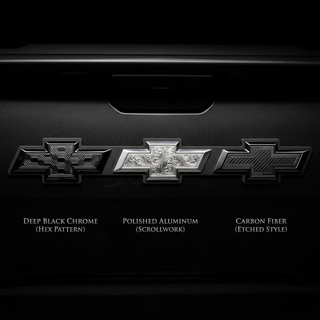 Comparison of different hand-engraved Chevrolet bowtie styles for the 2024 Silverado including black chrome, polished aluminum, and carbon fiber etching.