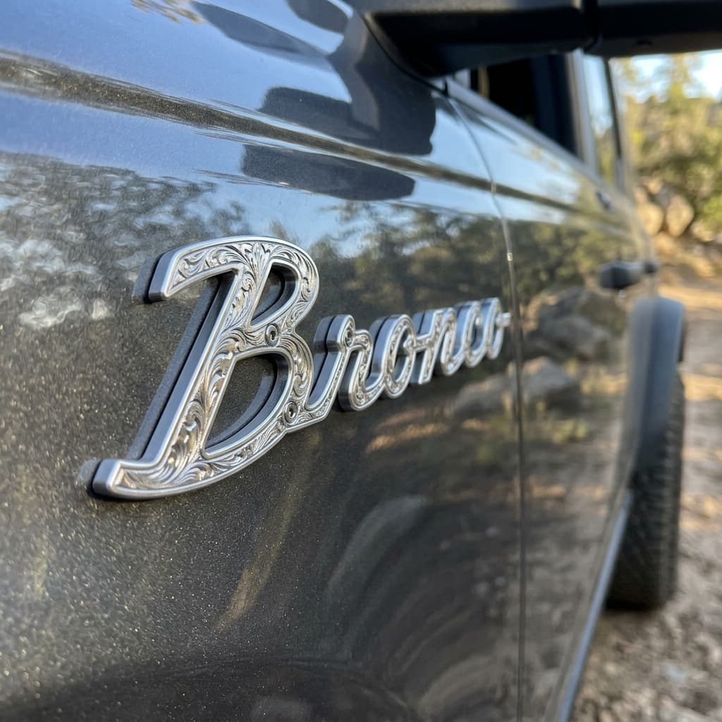 Premium Custom Engraved Ford Bronco Vintage Script Fender Badges (Pair) - Hand-Etched Automotive Art by Engraving Nation